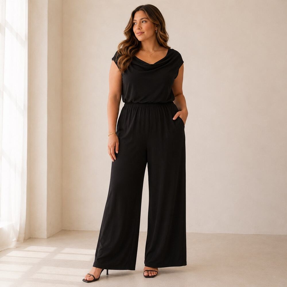 Cupcakes and Cashmere Black Wide Leg Jumpsuit Cowl Neck Pockets Large Minimalist
